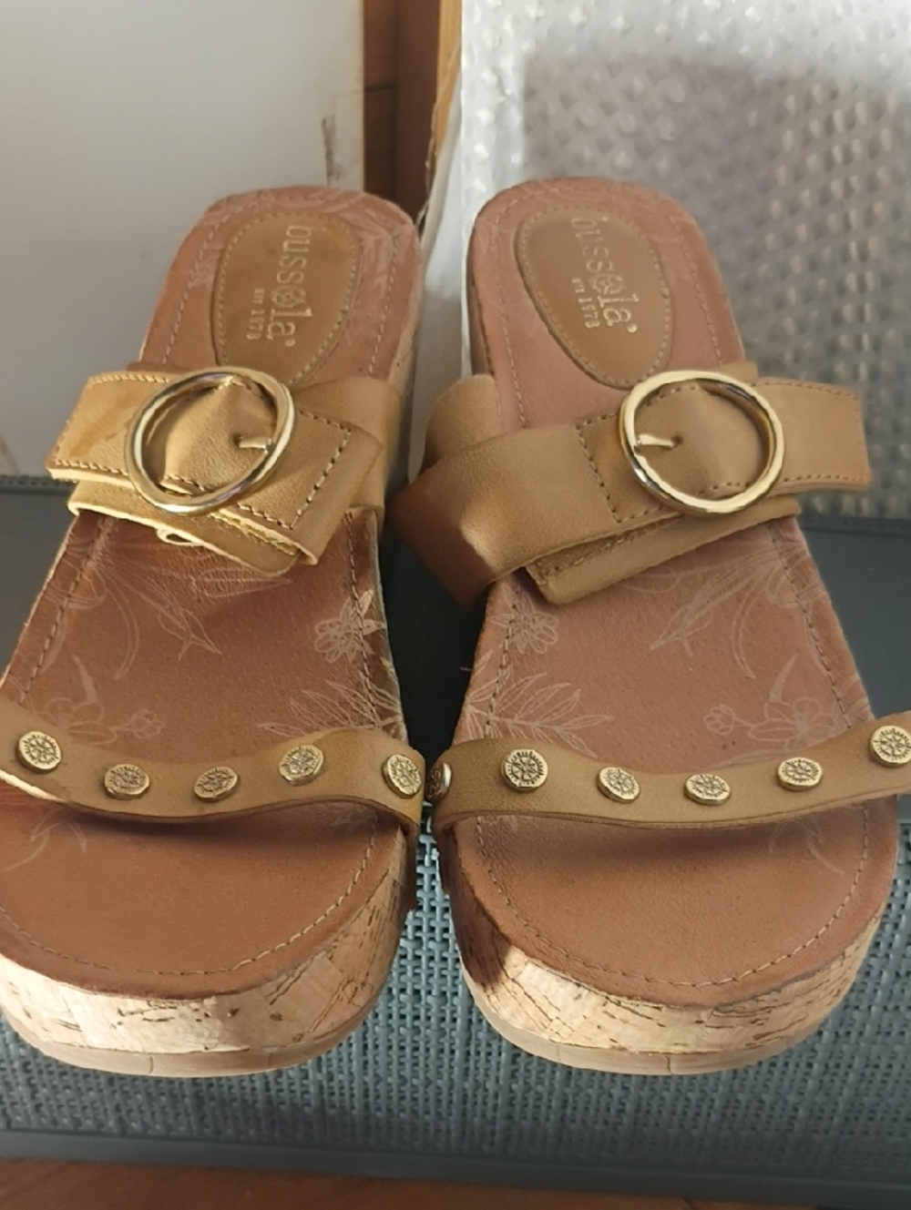 bussola Tan Leather Cork Slide Mules with Gold Buckles